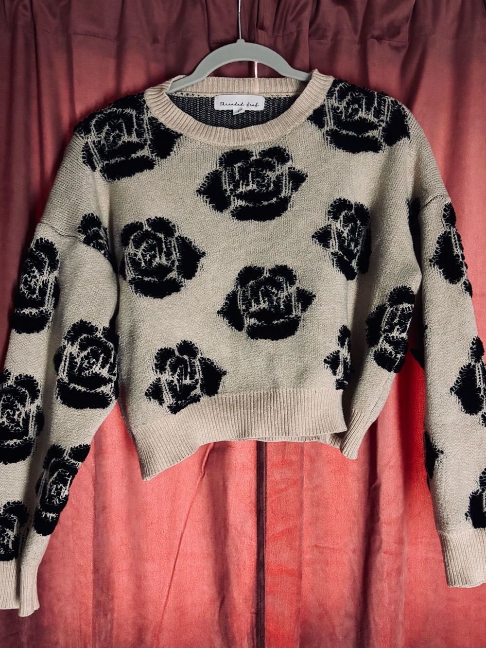 Beige Rose-Print Crewneck Sweater